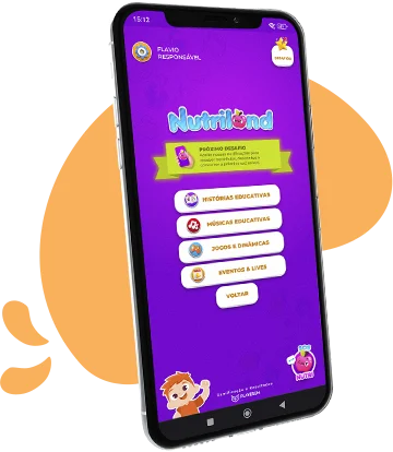 Tela inicial do Nutriland no celular, com histórias, músicas, jogos e eventos